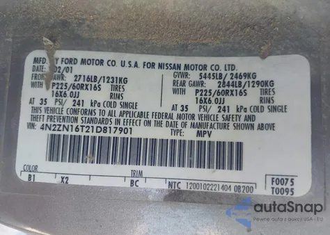 2001 Nissan Quest Se z USA, uszkodzony, nr VIN 4N2ZN16T21D817901